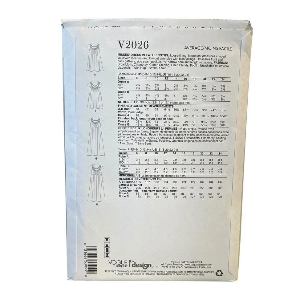 Vogue V2026 Misses Dress Pattern Size 16-24 Loose Flared Tent Style